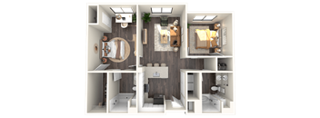 A 3D floor plan of a small apartment with a kitchen, living room, and bathroom.