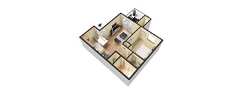 A 3D floor plan of a small apartment with a kitchen, living room, and bathroom.