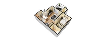 A 3D floor plan of a house showing a kitchen, living room, and bathroom.