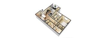 A 3D floor plan of a house with multiple rooms.