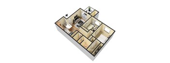 A 3D floor plan of a house showing the layout of the rooms.
