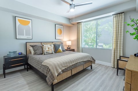 North Phoenix, AZ, Luxury Studio Apartments - The Amelia - Modern Bedroom With Queen Bed, Patterned Bedding, Ceiling Fan, Framed Wall Art, Nightstands With Lamps, And Large Window.