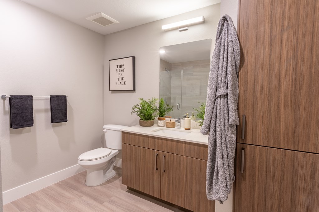 A bathroom with a toilet, a sink, a mirror, and a towel hanging on the door.