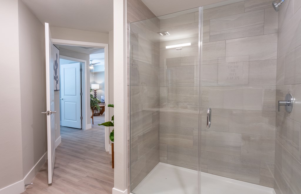 A bathroom with a walk-in shower and a doorway leading to another room.