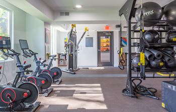 A gym with exercise equipment and a TRX suspension trainer.