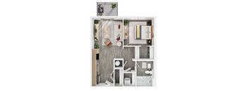 A top-down view of a small, neatly organized apartment with a kitchen, living room, and bathroom.