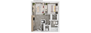 A top-down view of a modern, minimalist bedroom with a bed, nightstand, chair, and a small bathroom area.