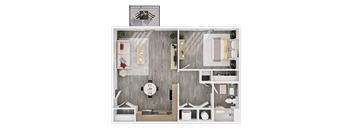 A top-down view of a small apartment with a kitchen, living room, and bathroom.