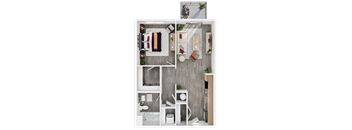 A top-down view of a modern, minimalist bathroom with a shower, toilet, and sink.