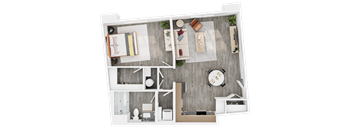 A top-down view of a small apartment with a kitchen, living room, and bathroom.