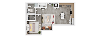 A top-down view of a modern kitchen and living room.