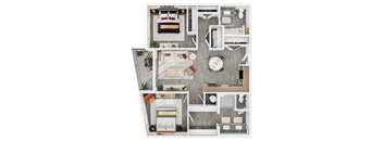 A top-down view of a small apartment layout with a bedroom, living room, kitchen, and bathroom.