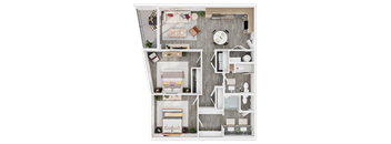 A top-down view of a small apartment layout with a kitchen, living room, and two bedrooms.