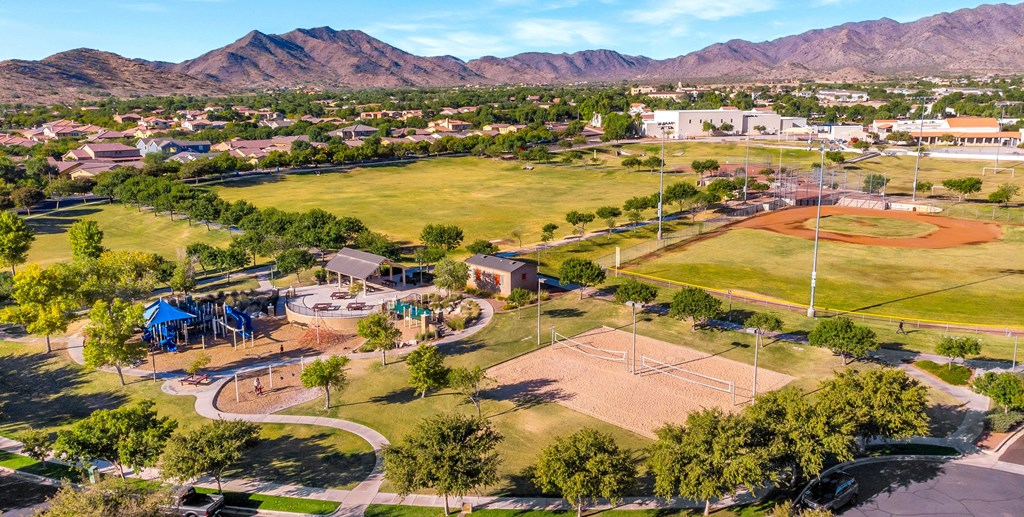 A park with a baseball field and a playground.at Marketside Villas at Verrado, Buckeye, AZ, 85396