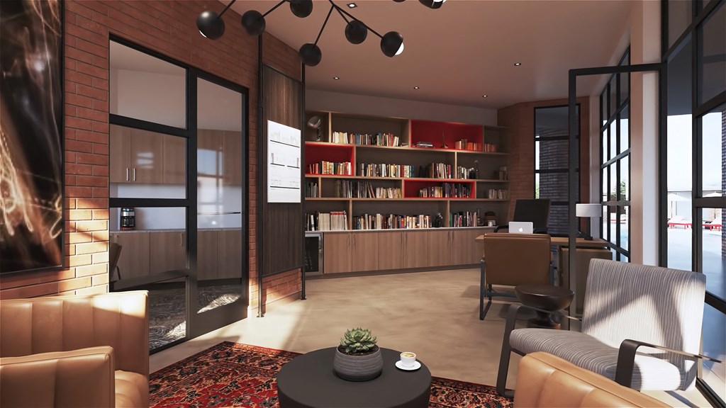 a rendering of a living room with a fireplace and a desk with a computer at Marketside Villas at Verrado, Buckeye, AZ