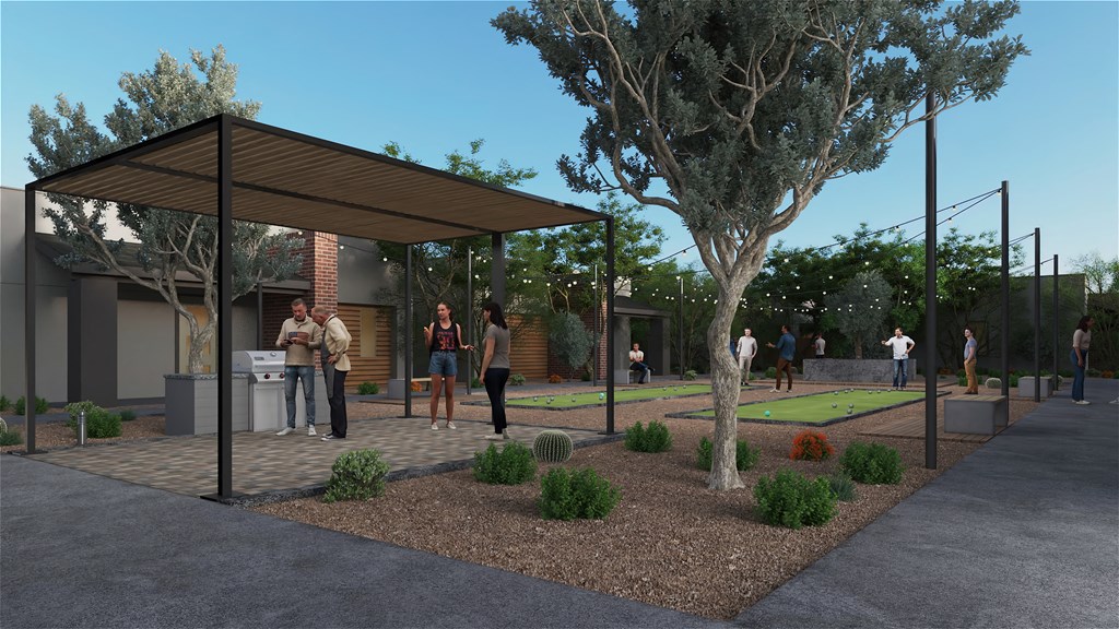 a rendering of the park with people standing in front of a pavilion and a grassy at Marketside Villas at Verrado, Buckeye, AZ