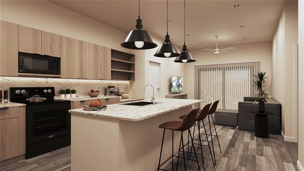 a rendering of a kitchen and living room with a large island with a sink at Marketside Villas at Verrado, Buckeye Arizona