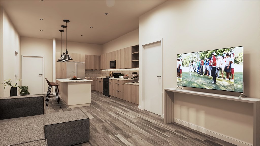 a rendering of a kitchen and living room with a large screen tv on the wall at Marketside Villas at Verrado, Buckeye, AZ 85396
