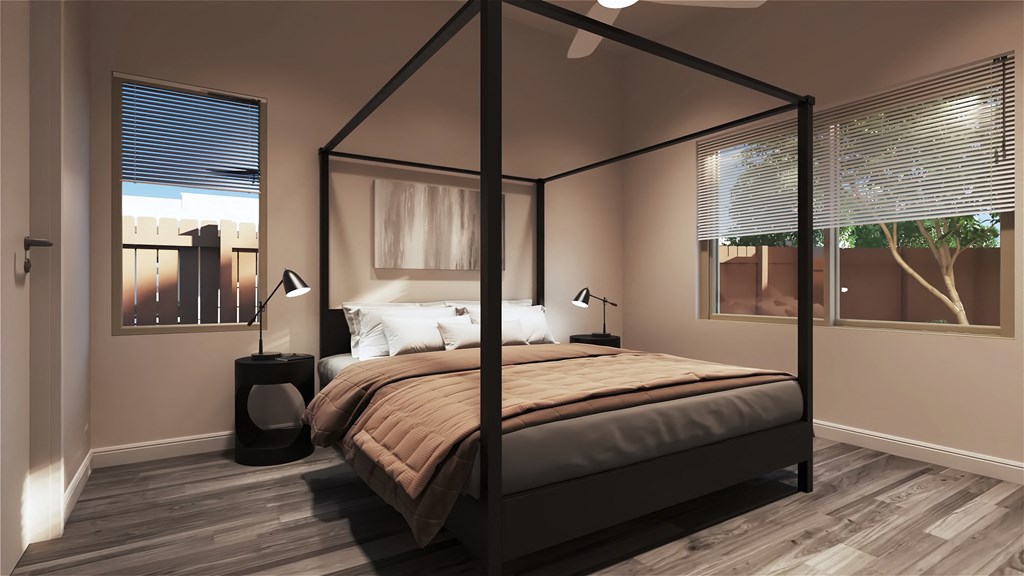 a render of a bedroom with a four poster bed at Marketside Villas at Verrado, Arizona