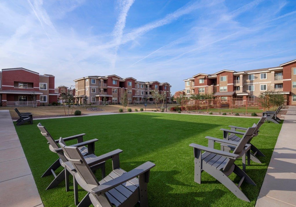 Outside Yard with reclining chairs at Zaterra Luxury Apartments, Chandler, AZ, 85286