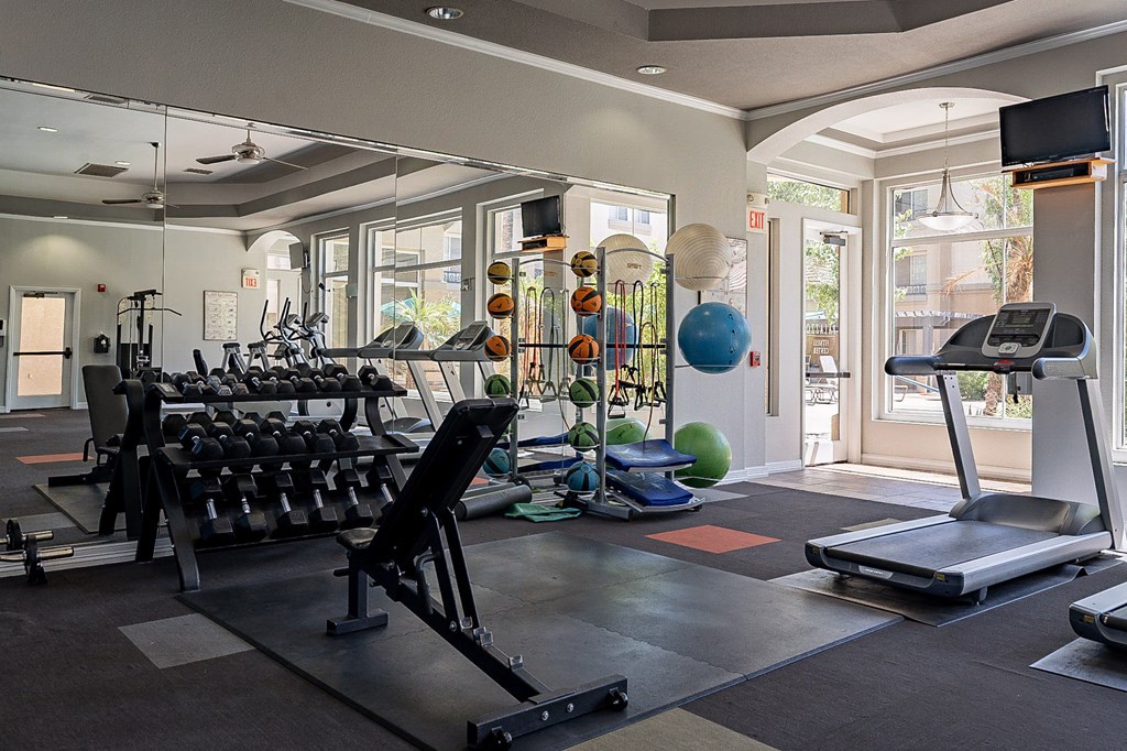 A gym with a variety of equipment including a treadmill, weights, and exercise balls.at Palazzo Townhomes, Phoenix, AZ  