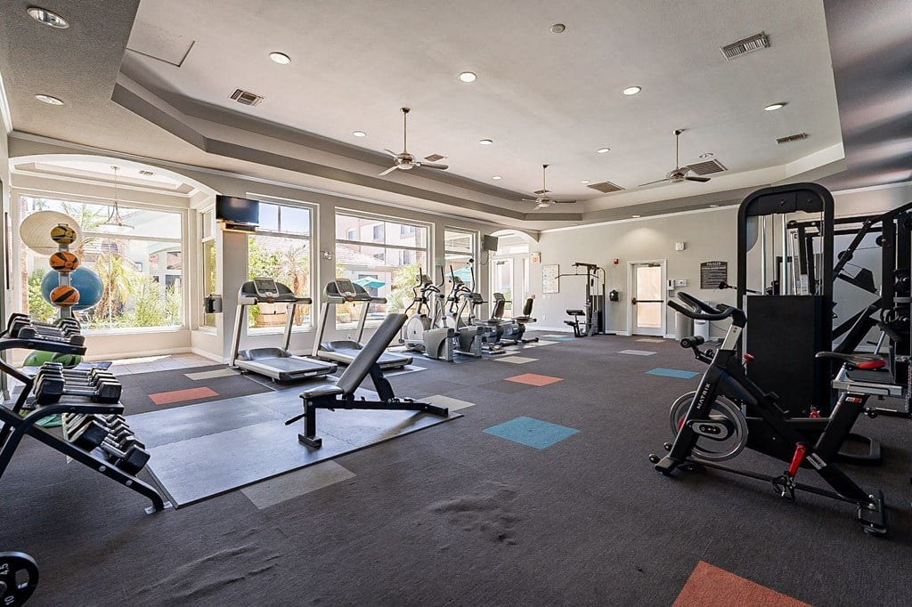 A gym with a variety of equipment including treadmills, elliptical machines, and weights.at Palazzo Townhomes, Phoenix Arizona  