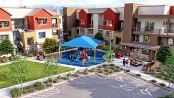 an artist rendering of a playground in the center of an apartment complex