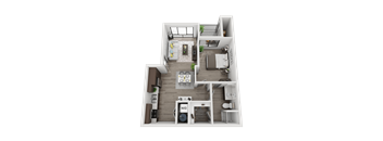 A 3D rendered image of a small apartment layout.