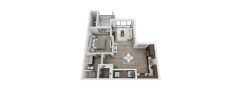 A 3D floor plan of a small apartment with a kitchen, living room, and bedroom.