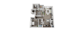 A 3D floor plan of a house with multiple rooms and furniture.
