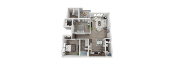 A 3D floor plan of a house with multiple rooms and furniture.