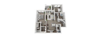 A 3D floor plan of a house with multiple rooms and furniture.