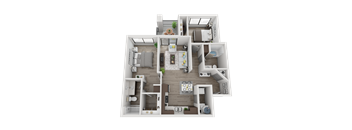 A 3D floor plan of a house with multiple rooms and furniture.