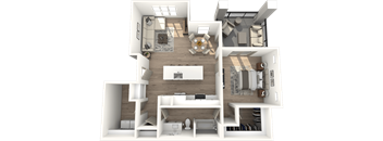 a 3d rendering of a floor plan with a bedroom and a living room