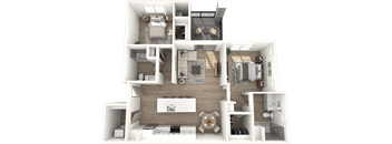 a 3d rendering of a bedroom and living room with a wood floor