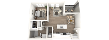 a 3d rendering of a bedroom and living room