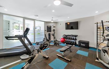 a gym with weights and cardio equipment on the floor and a television