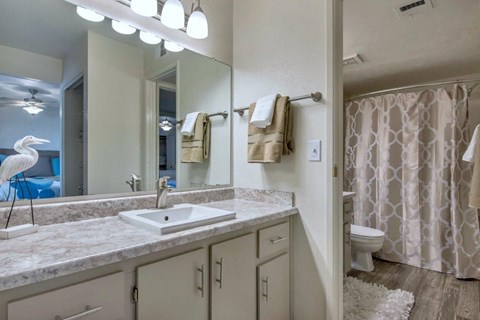 A bathroom with a marble countertop and a shower with a curtain. at Reflections at Red Mountain Apartments, Mesa, AZ, 85213