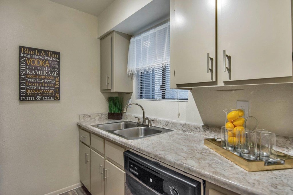 a kitchen with a sink and a window