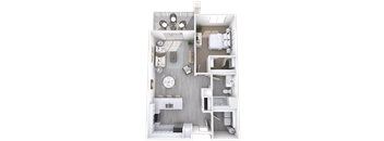A top-down view of a modern apartment layout with a living room, kitchen, and bedrooms.
