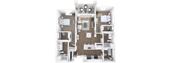A 3D rendered image of a house layout.