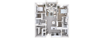 A top-down view of a small apartment with a kitchen, living room, and bedrooms.