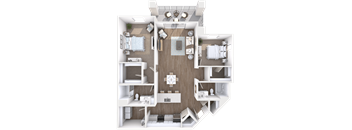 A top-down view of a two-bedroom apartment with a living room, kitchen, and bathroom.