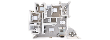 A 3D floor plan of a house with multiple rooms and furniture.