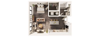 A top-down view of a modern living room with a grey sofa, a coffee table, and a TV.