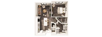 A top-down view of a small apartment with a kitchen, living room, and bathroom.