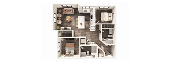A top-down view of a modern apartment layout with a kitchen, living room, and bedroom.
