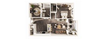 A top-down view of a modern apartment layout.
