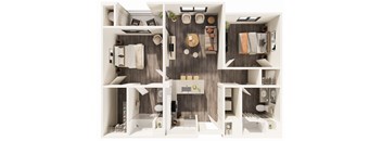 A top down view of a modern apartment layout.