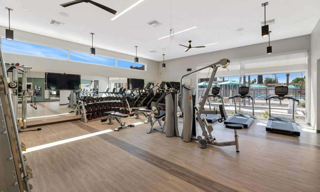 the property has a gym with weights and cardio equipment at Melody on Main, Mesa, AZ